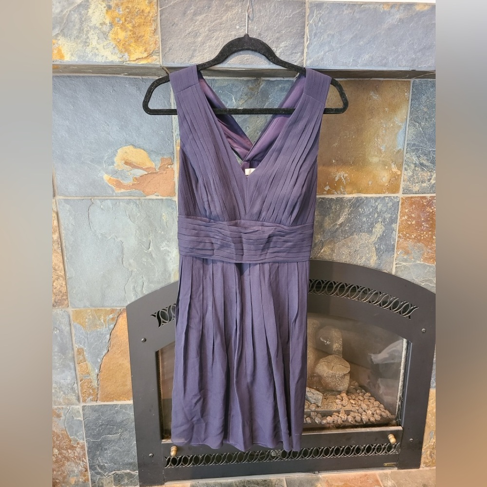 Ann Taylor Navy Blue Silk V Neck Mini Dress size 8 petite formal, wedding, party